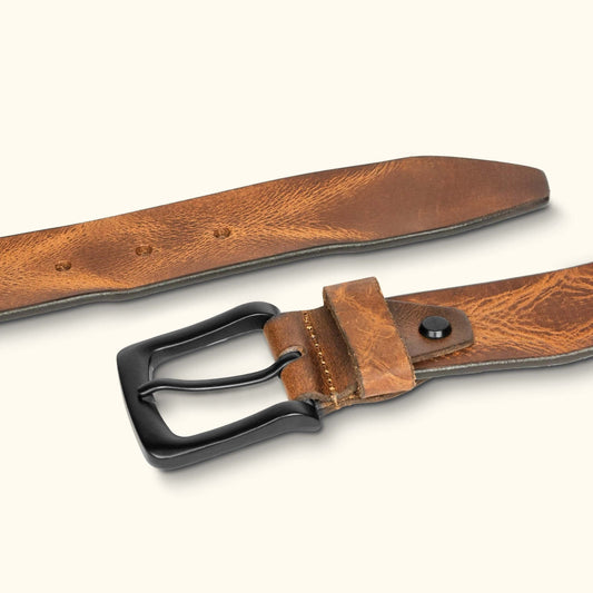 Hawke Mens Full Grain Hand Finished Leather Belt Flat Lay Saddle Tan