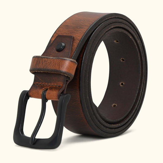 Norvik Mens Rugged Oil Tanned Distressed Finish Leather Belt Rolled Burnished Brown