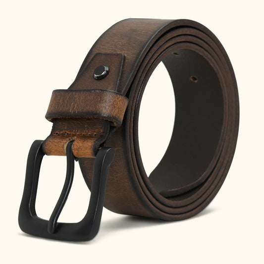 Outrider Oil Wax Rugged Distressed Leather Belt Rolled Matte Black Buckle Burnished Brown