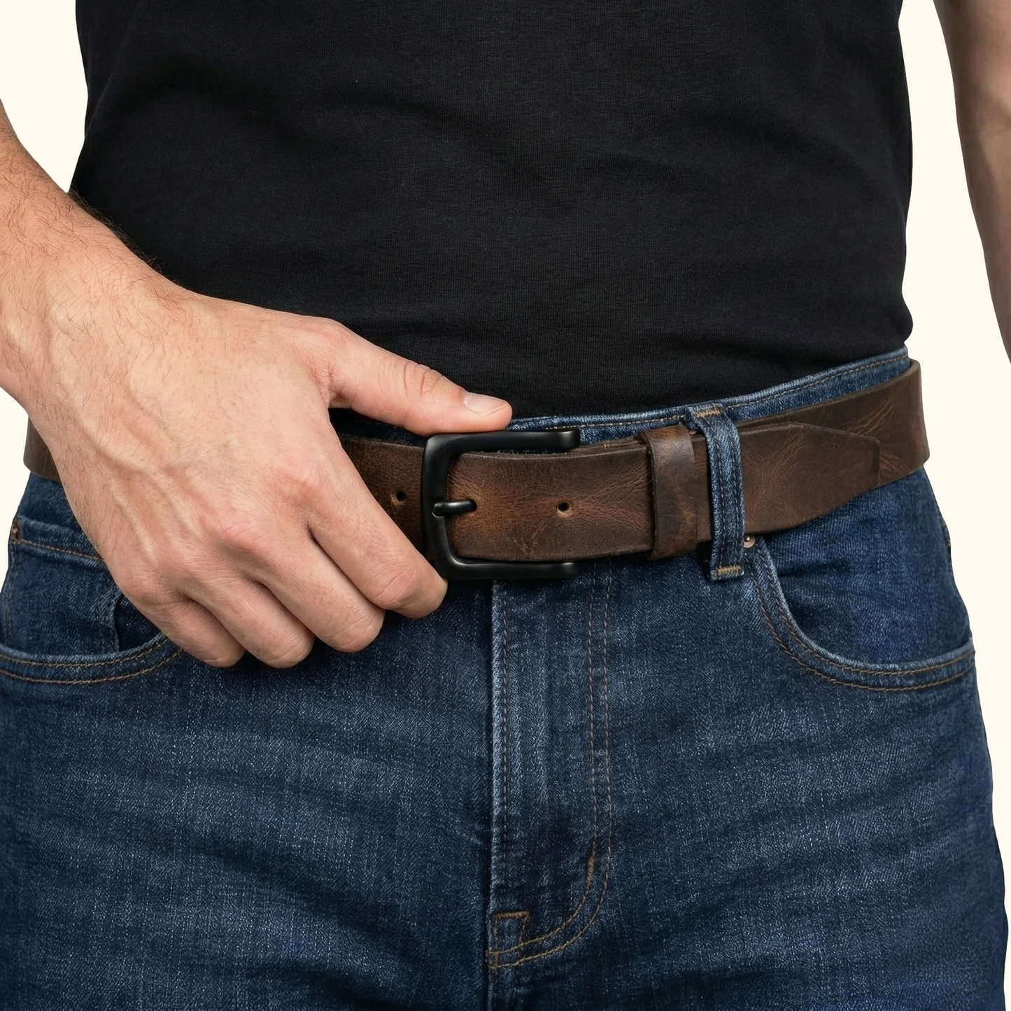 Hawke Men's Hand Finished Full Grain Leather Belt Classic Matte Black Buckle