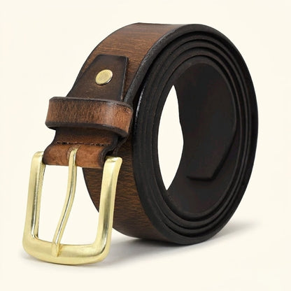 Dune Hard Wax Leather Belt Rugged Distressed Thick Durable Casual Wear Brushed Gold Buckle