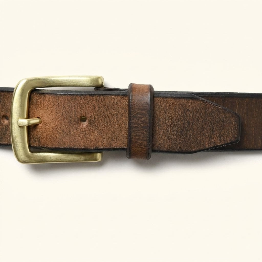 Dune Hard Wax Leather Belt Rugged Distressed Thick Durable Casual Wear Brushed Gold Buckle