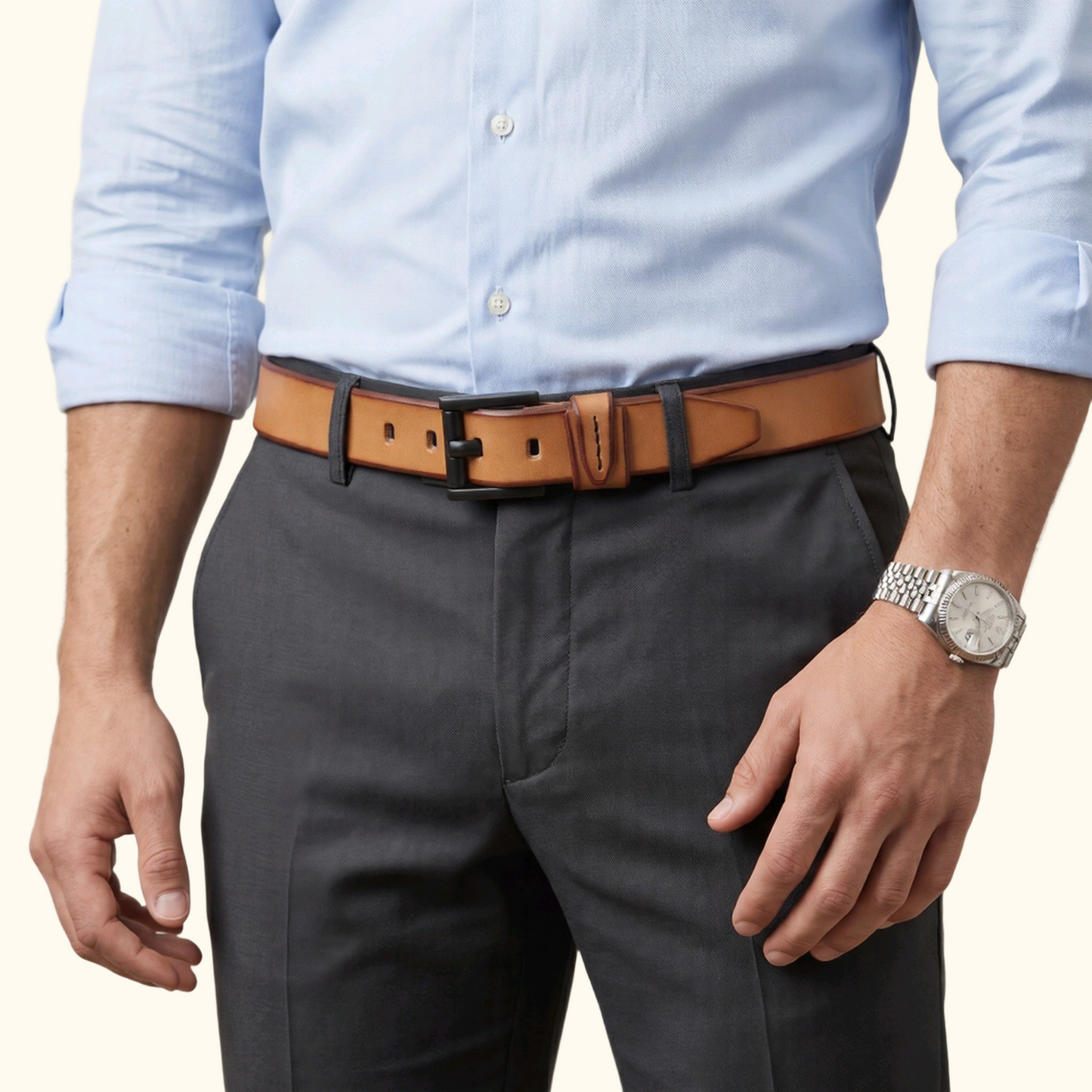 Arion Elite Mens Full Grain Natural Smooth Finish Leather Belt Model Wearing Camel Tan
