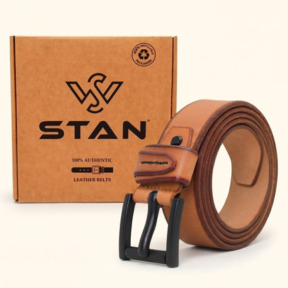 Arion Elite Mens Full Grain Natural Smooth Finish Leather Belt With Box Camel Tan