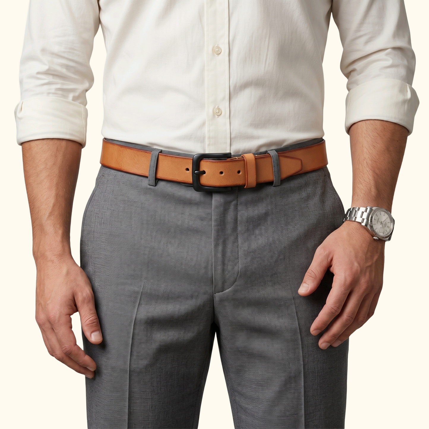 Arion Mens Full Grain Natural Smooth Leather Belt Model Wearing Camel Tan