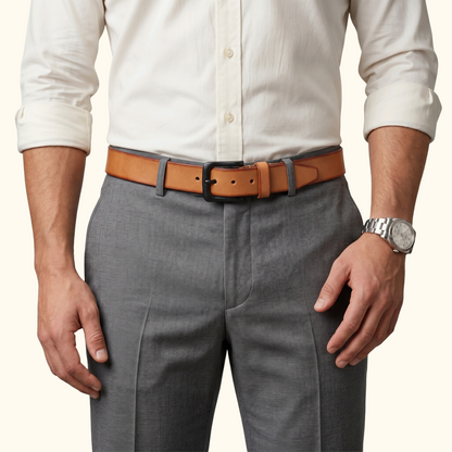 Arion Mens Full Grain Natural Smooth Leather Belt Model Wearing Camel Tan