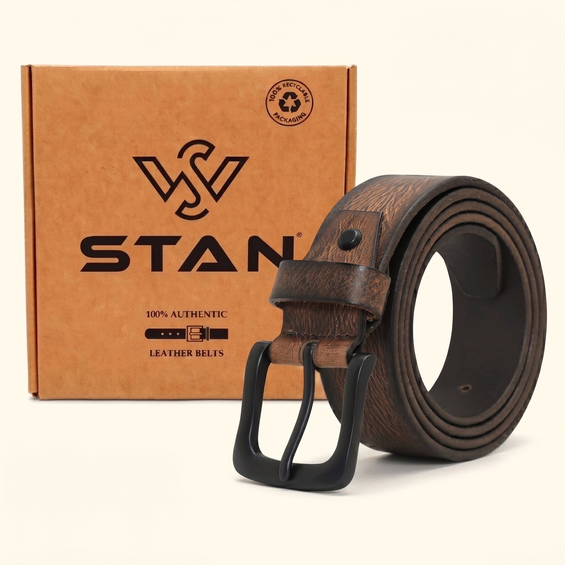 Blackwood Men's Distressed Finish Leather Belt With Box Dark Brown