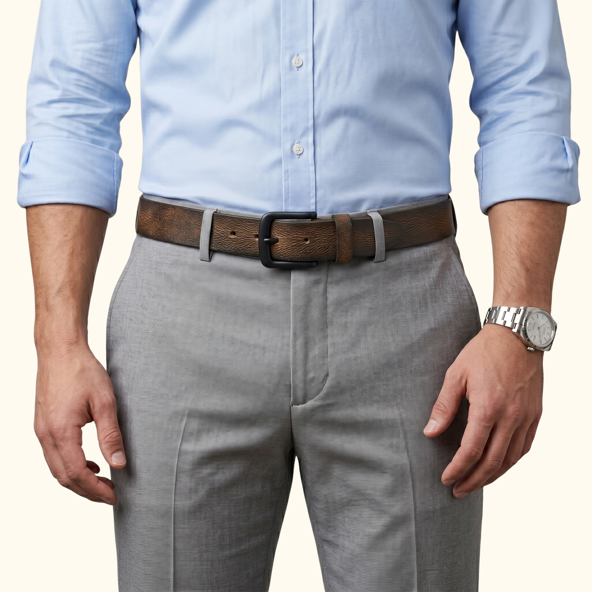 Blackwood Men's Distressed Finish Leather Belt with model Dark Brown