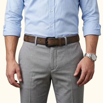 Blackwood Men's Distressed Finish Leather Belt with model Dark Brown