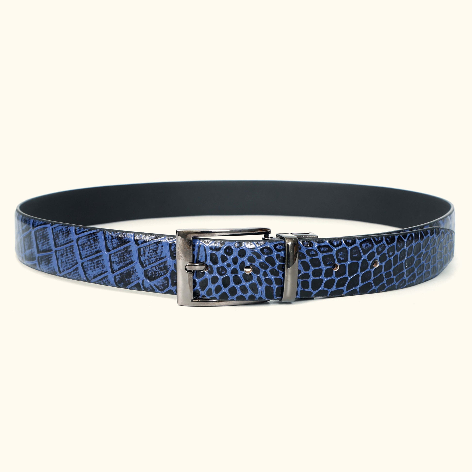 Caverton Men's Hand Burnished Croc Leather Belt Full Grain Buckle Circle Steel Blue
