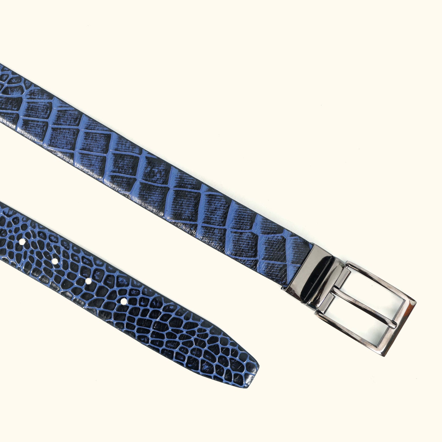 Caverton Men's Hand Burnished Croc Leather Belt Full Grain Flat lay Steel Blue