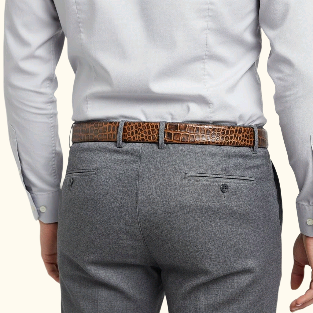 Caverton Men's Hand Burnished Croc Leather Belt Full Grain Model Tan