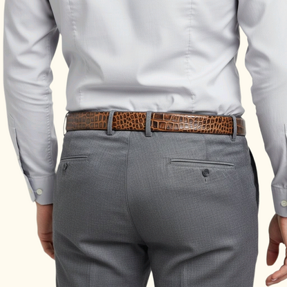 Caverton Men's Hand Burnished Croc Leather Belt Full Grain Model Tan
