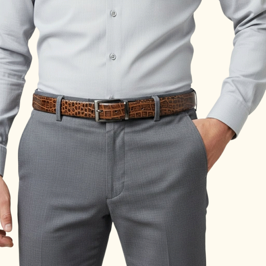Caverton Men's Hand Burnished Croc Leather Belt Full Grain Model with Buckle Tan