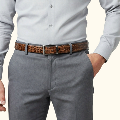 Caverton Men's Hand Burnished Croc Leather Belt Full Grain Model with Buckle Tan
