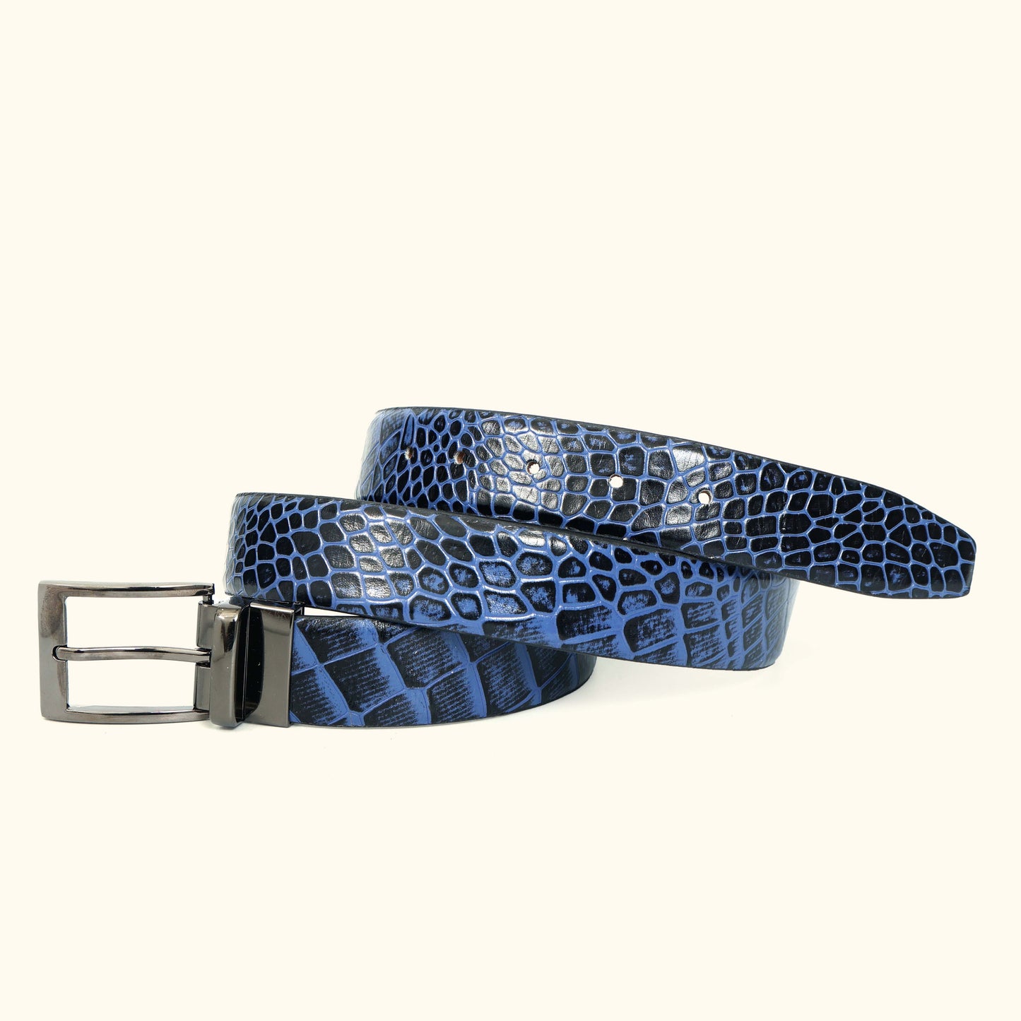 Caverton Men's Hand Burnished Croc Leather Belt Full Grain ROLL Steel Blue