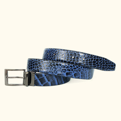 Caverton Men's Hand Burnished Croc Leather Belt Full Grain ROLL Steel Blue