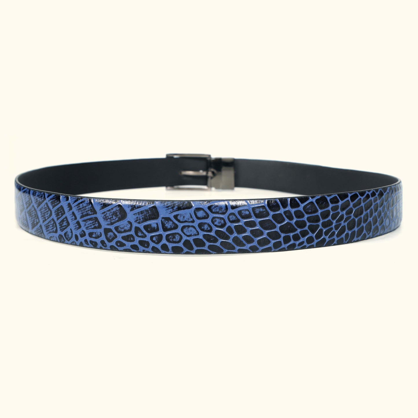 Caverton Men's Hand Burnished Croc Leather Belt Full Grain belt Buckle Circle Steel Blue