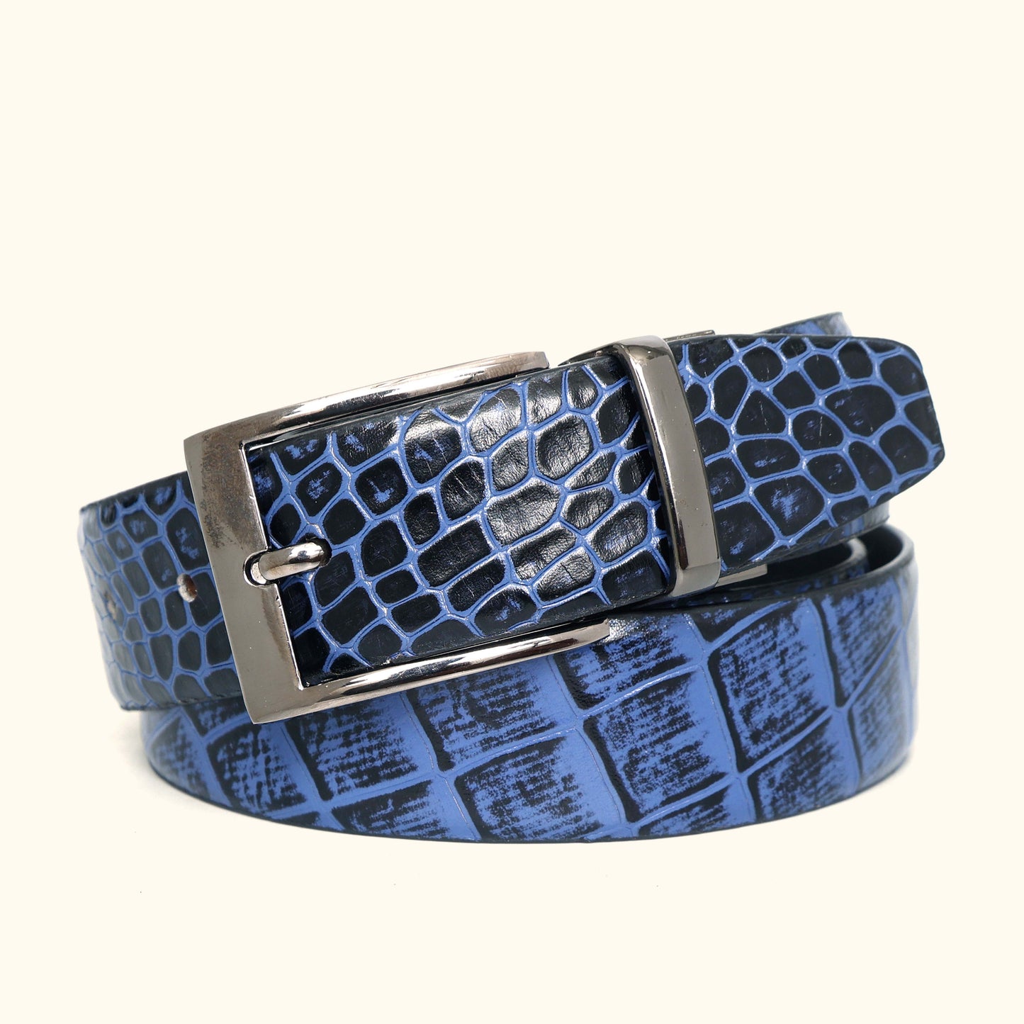 Caverton Men's Hand Burnished Croc Leather Belt Full Grain hero Steel Blue