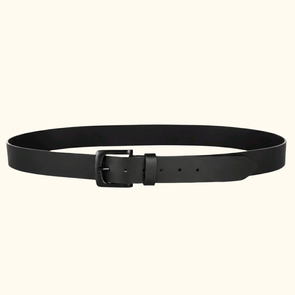 Corbin Matte Black Leather Belt for men Flat Lay Circle Black