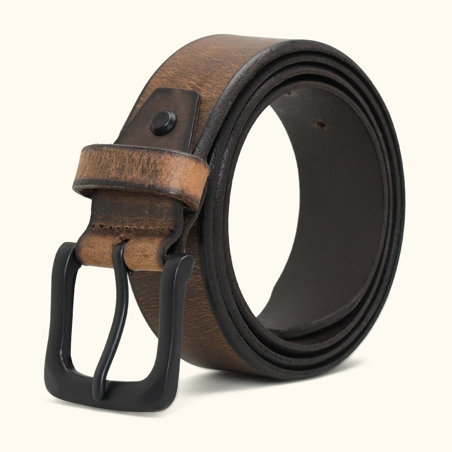 Dune Hard Wax Rugged Distressed Leather Belt Rolled Matte Black Buckle Saddle Brown