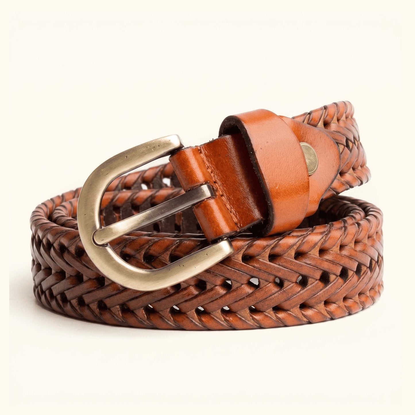 Eveline Womens Handwoven Leather Belt Coiled Flat Lay Tan