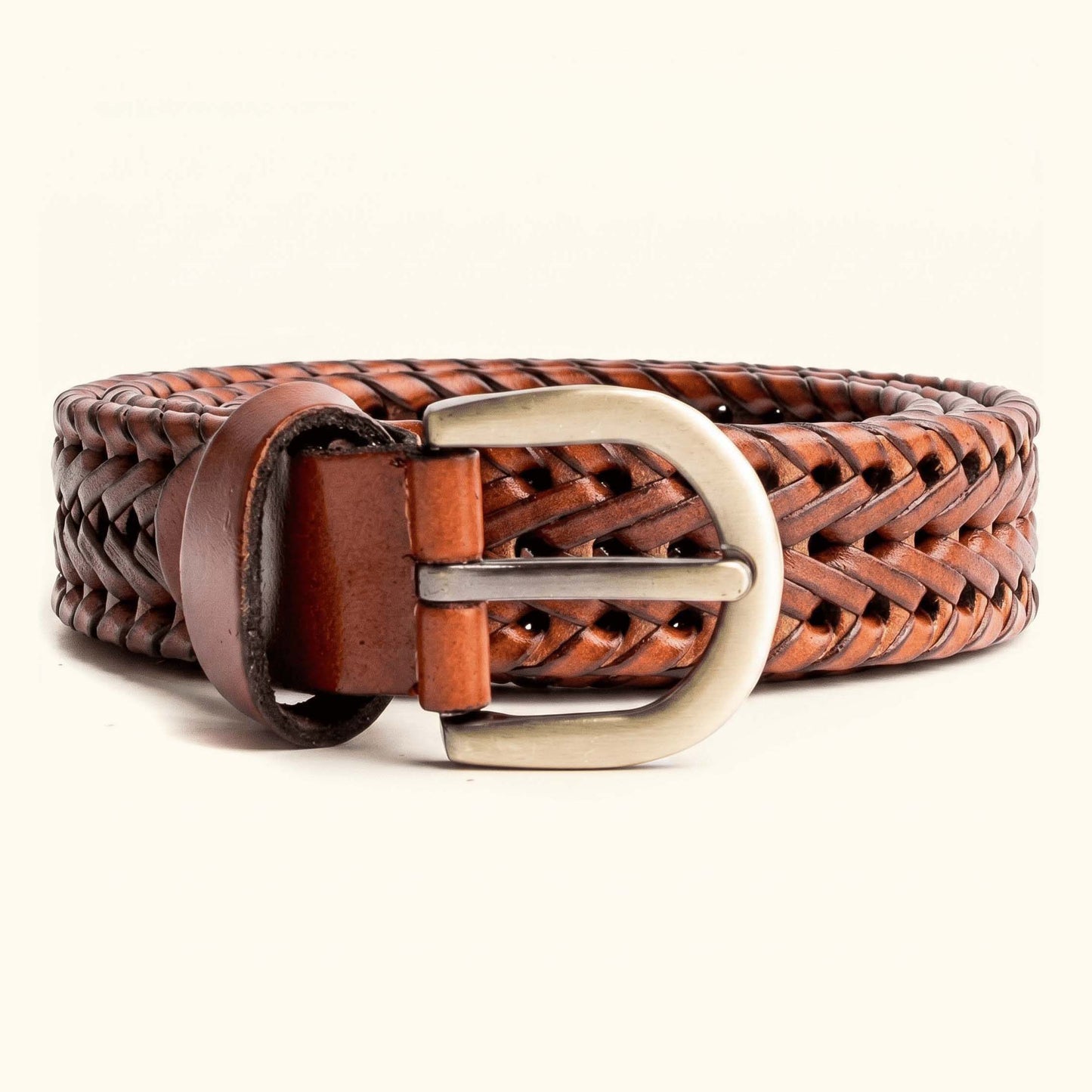 Eveline Womens Handwoven Leather Belt Flat Lay Coiled Tan