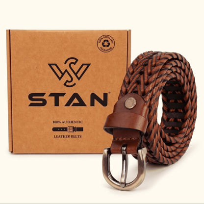 Eveline Womens Handwoven Leather Belt with Box Tan
