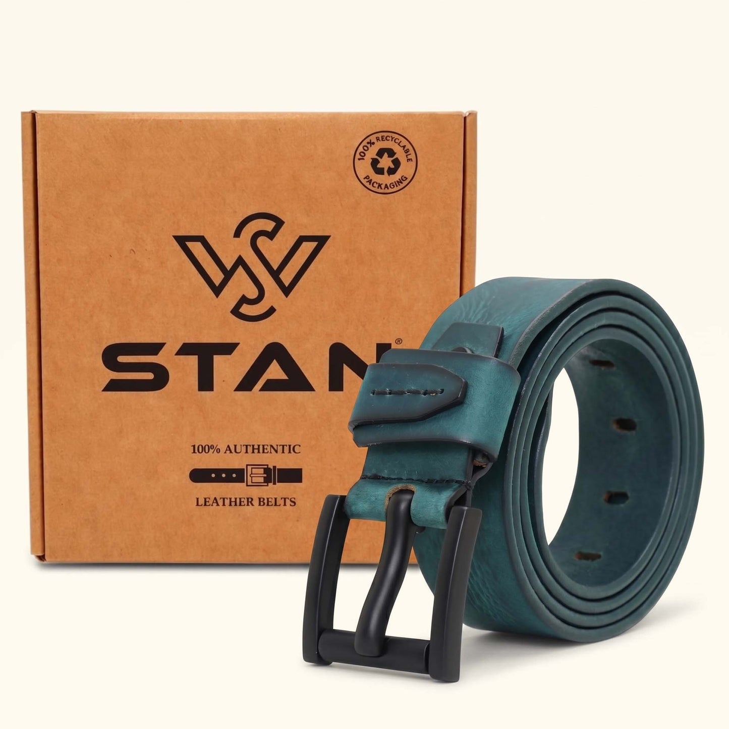 Hawke Elite Mens Full Grain Hand Finished Leather Belt with Box Teal Blue
