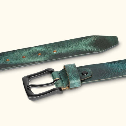 Hawke  Men's Full Grain Hand Finished Leather Belt Flat Lay Teal Blue