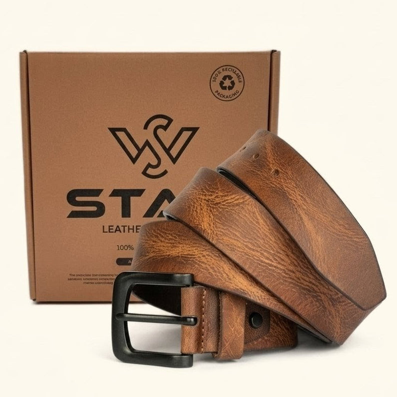 Hawke  Men's Full Grain Hand Finished Leather Belt With Box  Saddle Tan