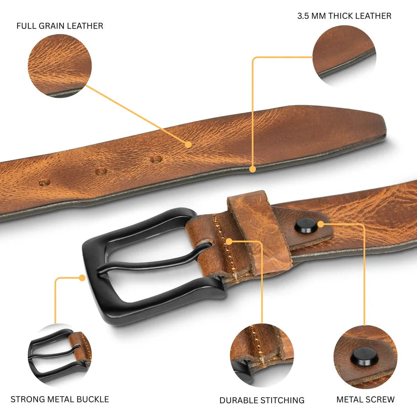 Hawke Mens Full Grain Hand Finished Leather Belt Flat Lay Information Saddle Tan
