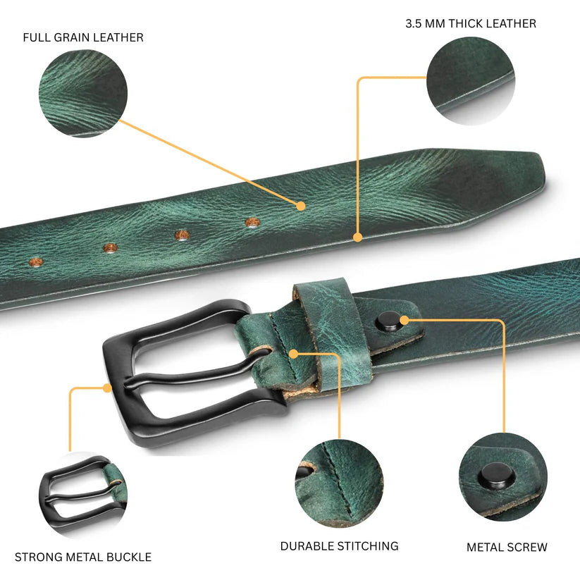 Hawke Mens Full Grain Hand Finished Leather Belt Flat Lay info Teal Blue