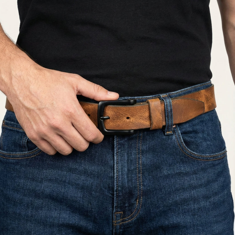 Hawke Mens Full Grain Hand Finished Leather Belt Model With Buckle Saddle Tan