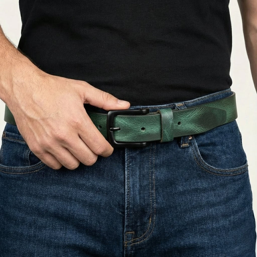 Hawke Mens Full Grain Hand Finished Leather Belt Model With Buckle Teal Blue