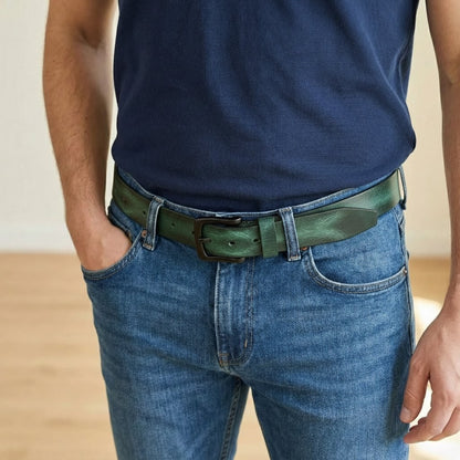 Hawke Mens Full Grain Hand Finished Leather Belt with Model Teal Blue