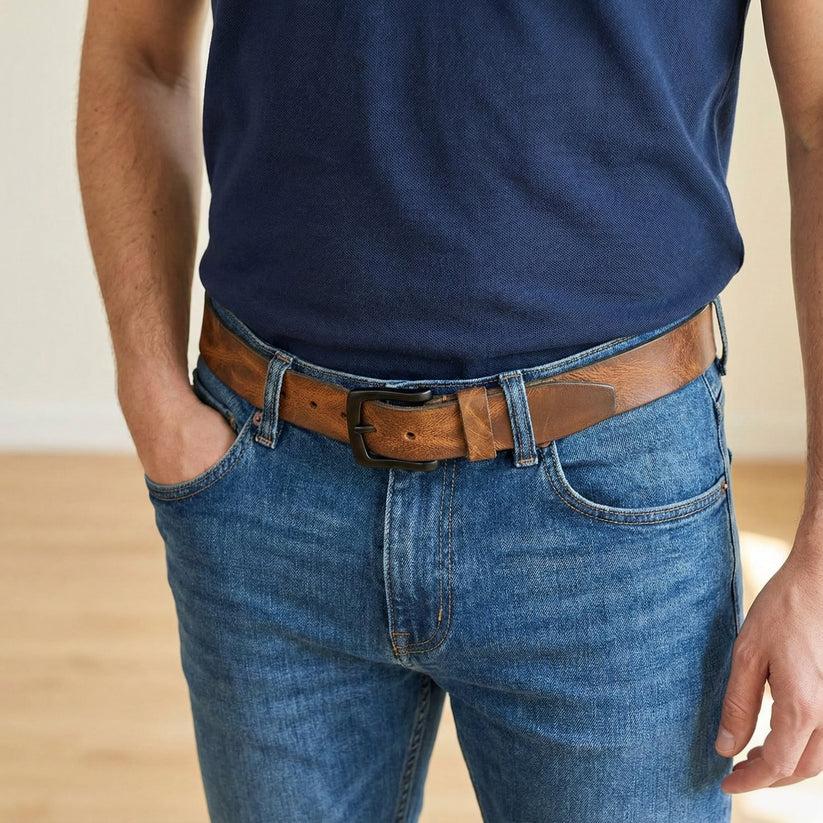 Hawke Mens Full Grain Hand Finished Leather Belt with model Saddle Tan