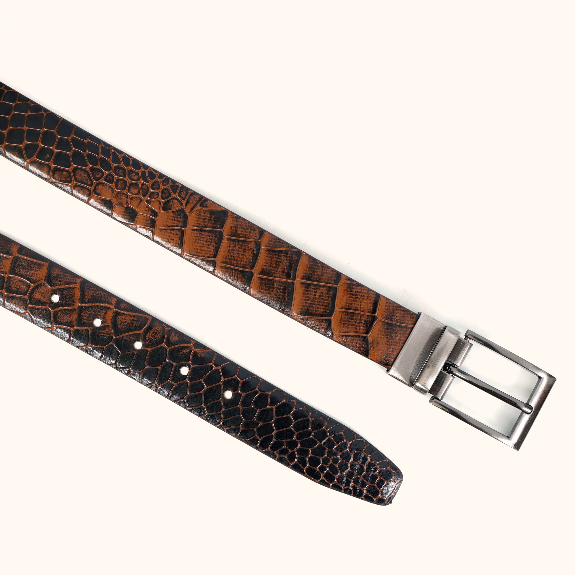 Imperio Elite Hand-Burnished Croc Leather Belt Flat Lay Burnt Cognac