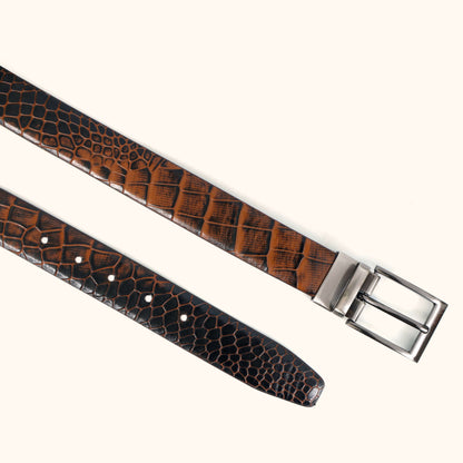 Imperio Elite Hand-Burnished Croc Leather Belt Flat Lay Burnt Cognac