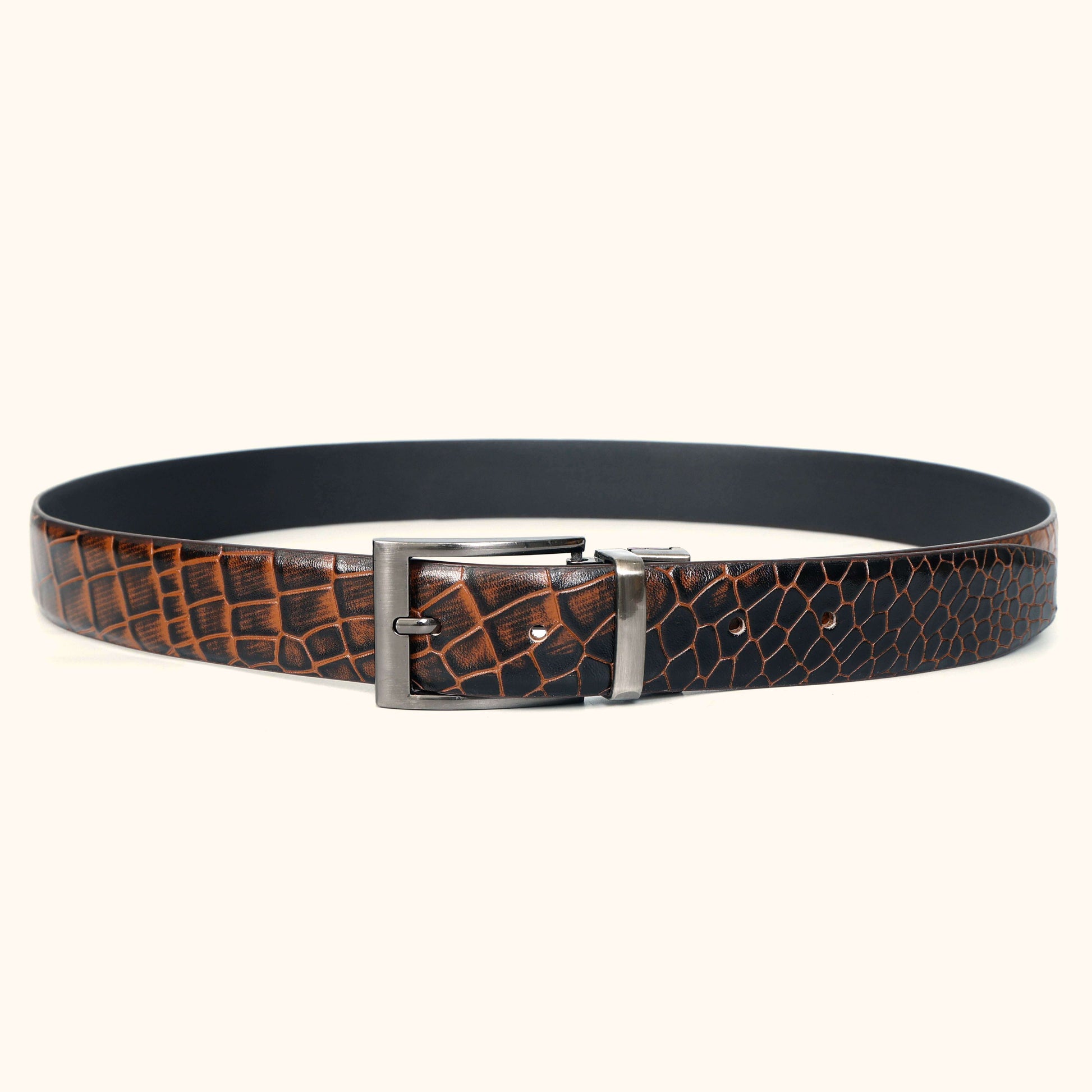 Imperio Elite Hand-Burnished Croc Leather Belt Flat Lay Front Burnt Cognac