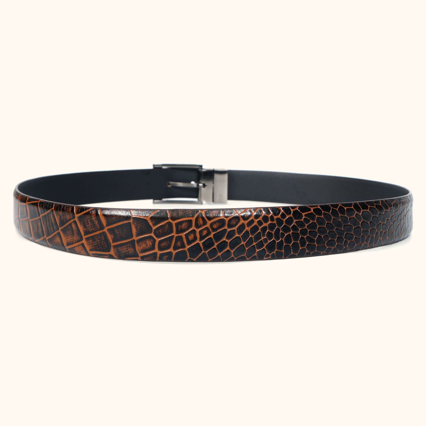 Imperio Elite Hand-Burnished Croc Leather Belt Flat Lay Rear Burnt Cognac