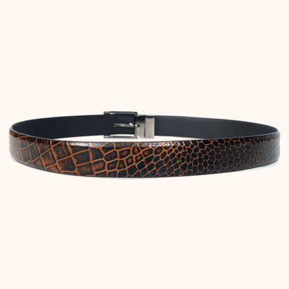 Imperio Elite Hand-Burnished Croc Leather Belt Flat Lay Rear Burnt Cognac