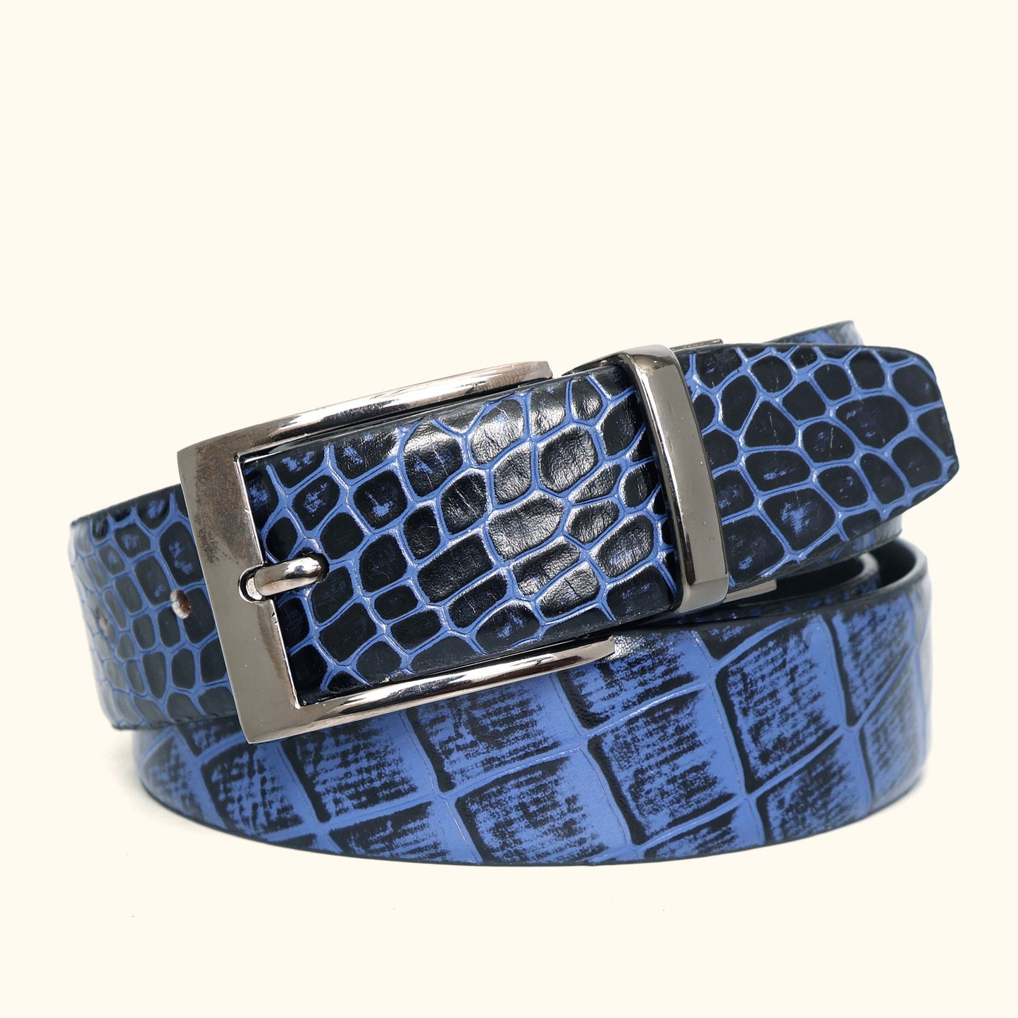 Imperio Elite Hand-Burnished Croc Leather Belt Hero Steel Blue