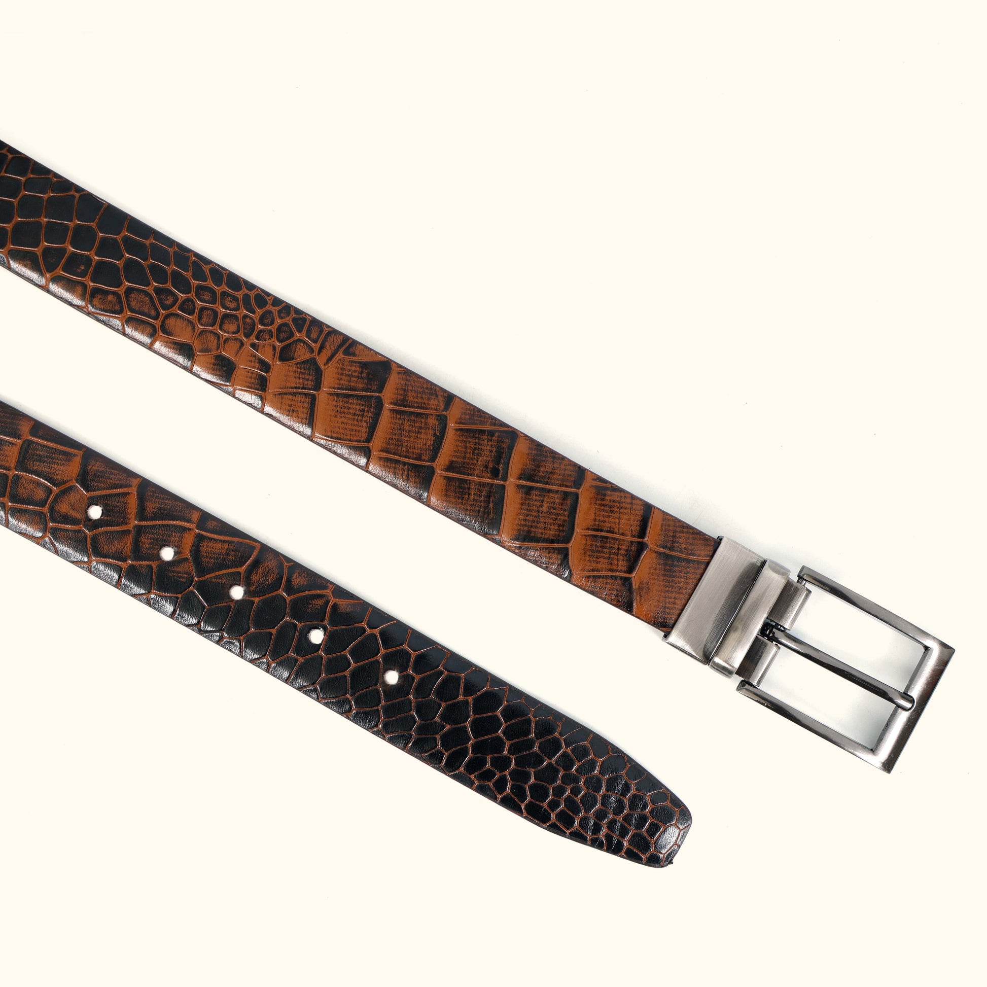 Imperio Men's Hand Burnished Croc Leather Belt Full Grain BELT Buckle Burnt Cognac