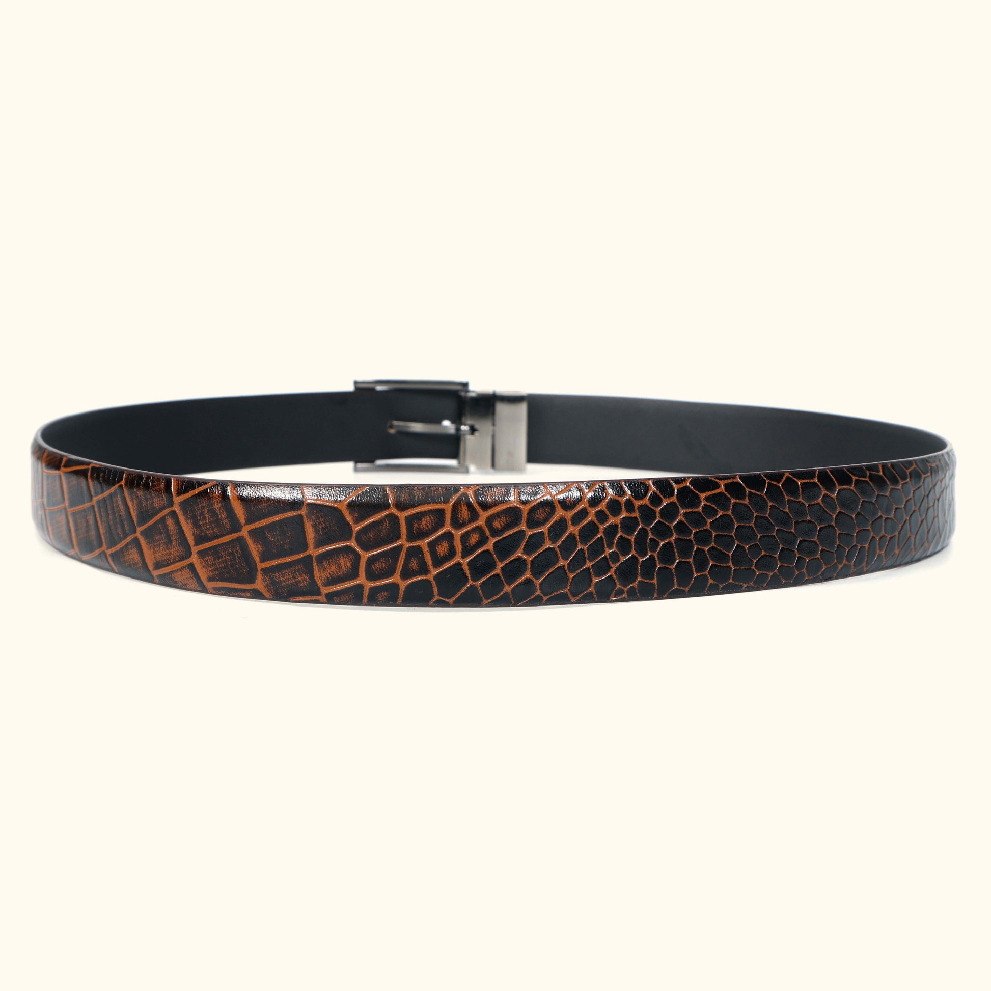 Imperio Men's Hand Burnished Croc Leather Belt Full Grain Buckle Circle Burnt Cognac