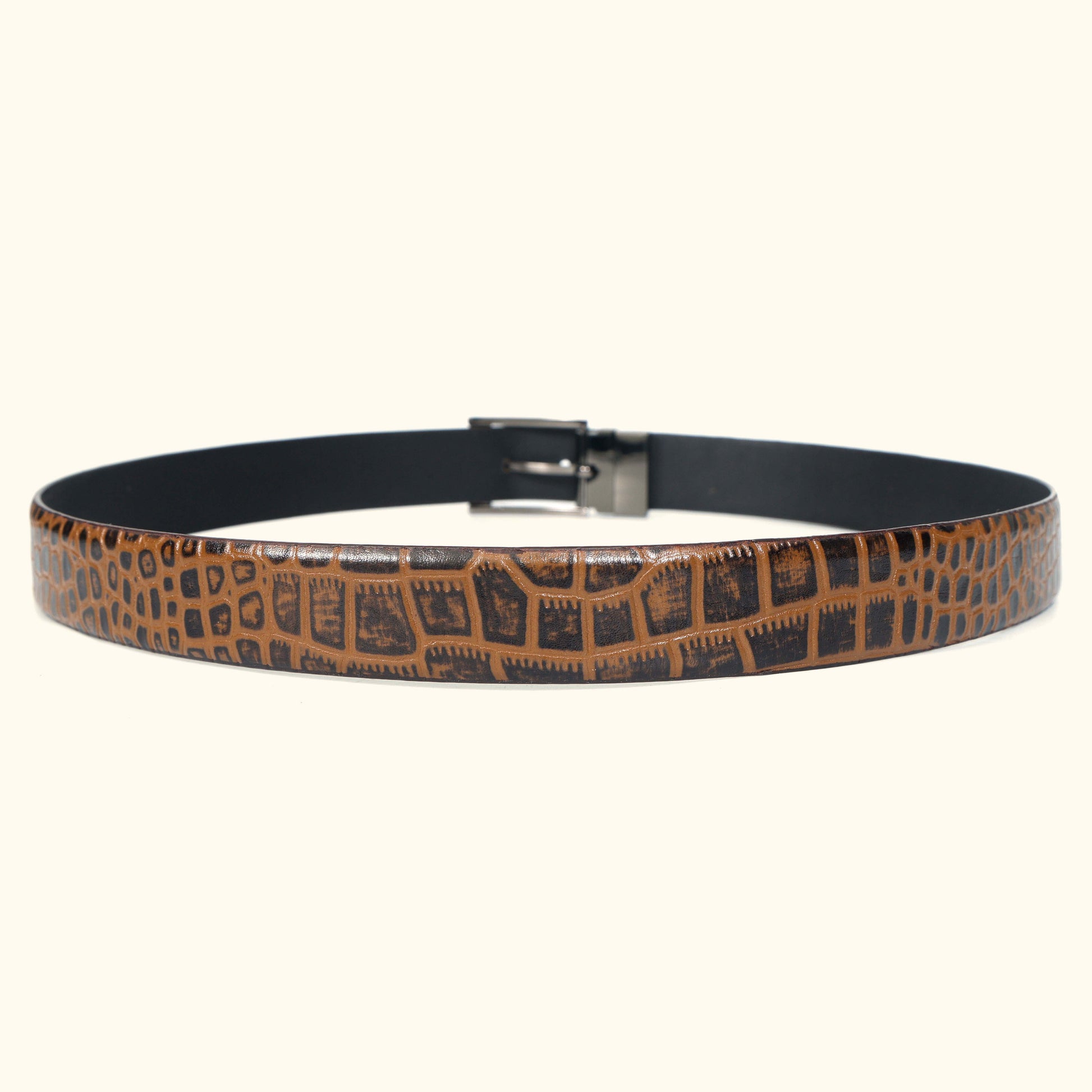 Imperio Men's Hand Burnished Croc Leather Belt Full Grain Buckle Circle Tan