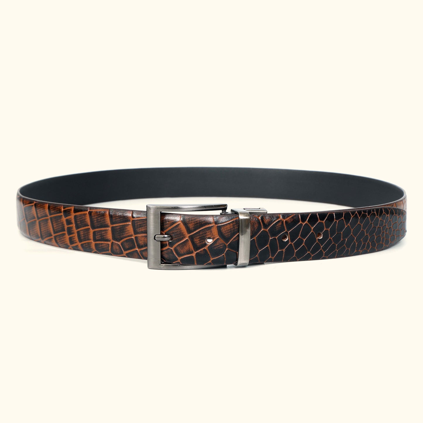 Imperio Men's Hand Burnished Croc Leather Belt Full Grain Circle Burnt Cognac