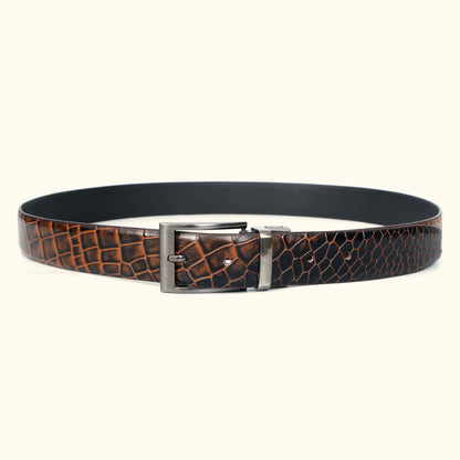 Imperio Men's Hand Burnished Croc Leather Belt Full Grain Circle Burnt Cognac