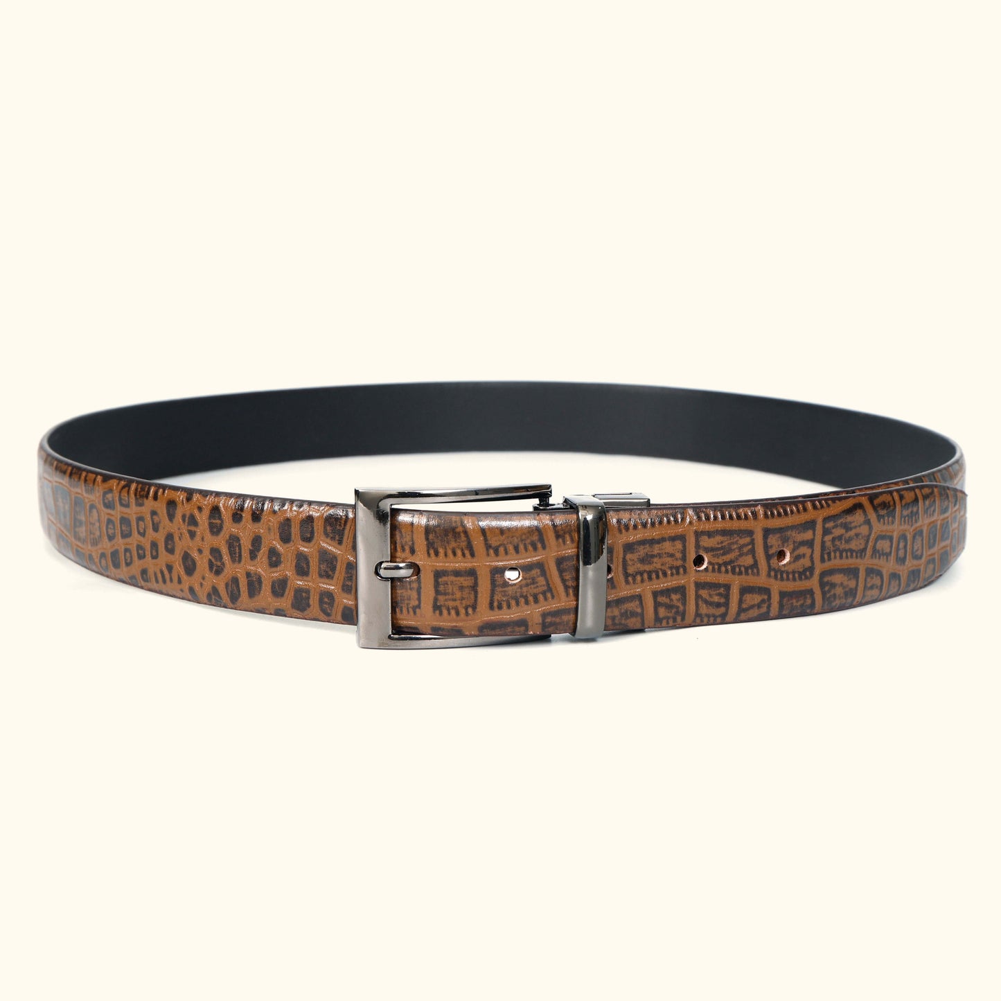 Imperio Men's Hand Burnished Croc Leather Belt Full Grain Circle Tan