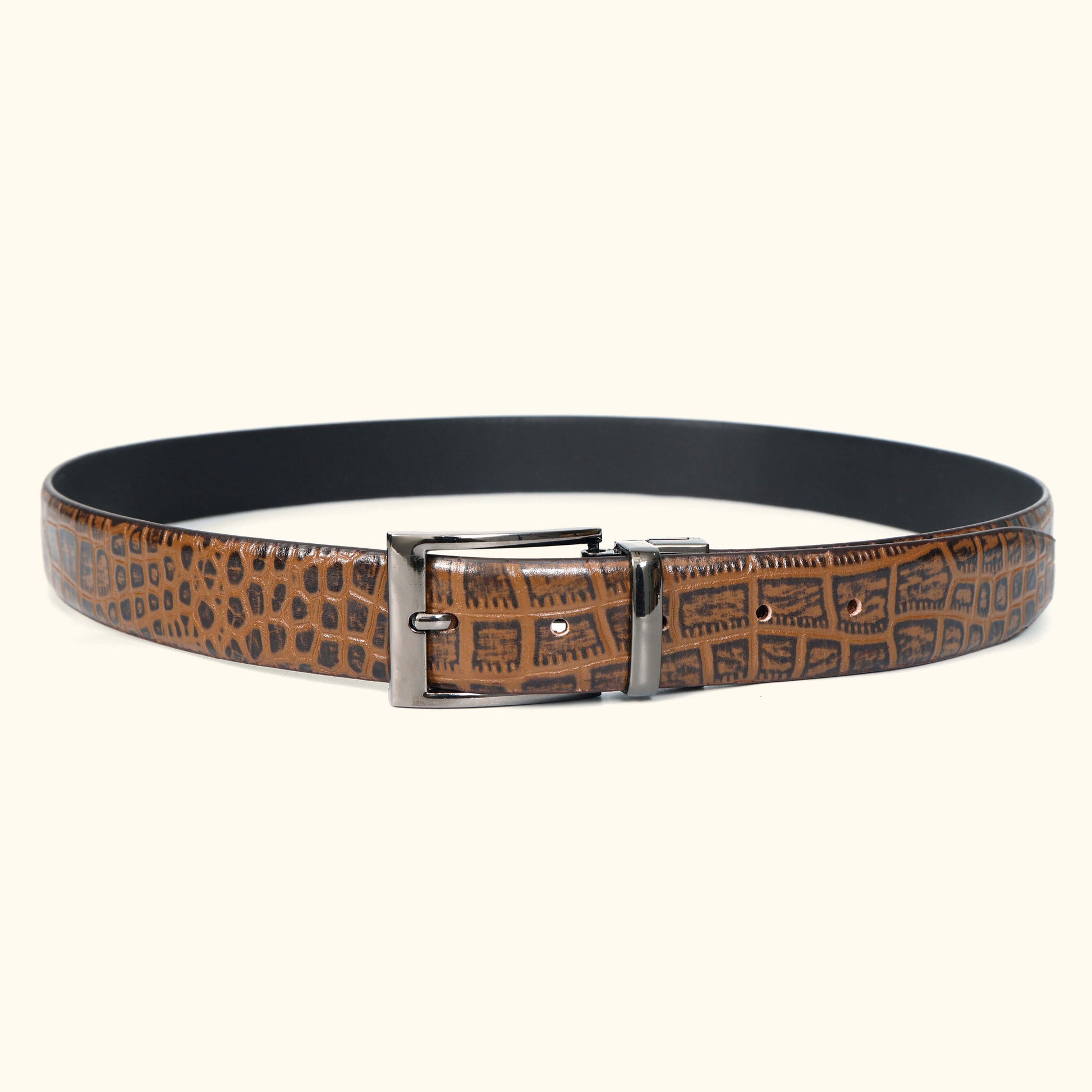 Imperio Men's Hand Burnished Croc Leather Belt Full Grain Circle Tan